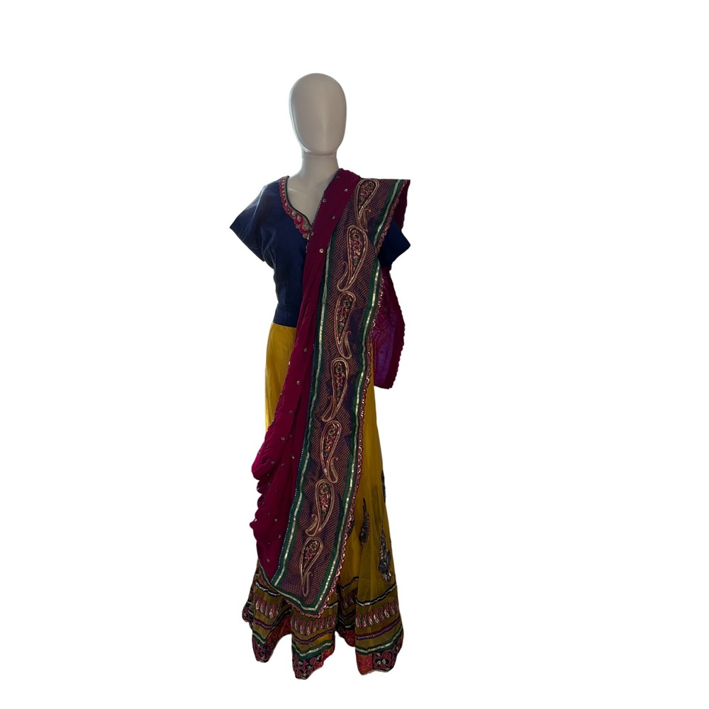 Traditional 3 Piece Lehenga Choli Set Blue Yellow Magenta Embroidered Sequin